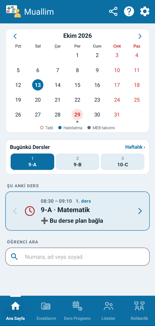 Haftalık ders programı ekranı
