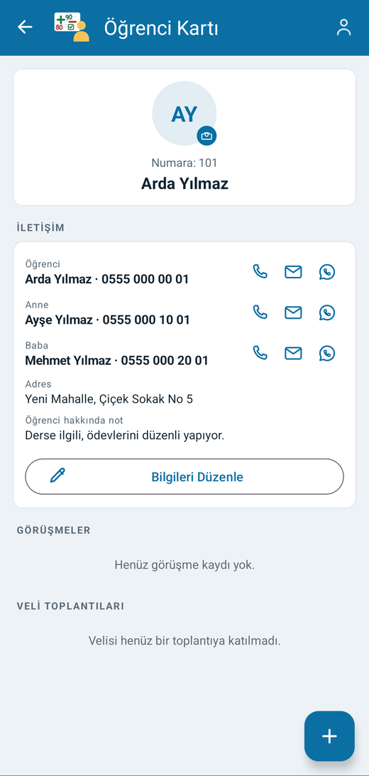 Öğrenci kartı — veli bilgileri