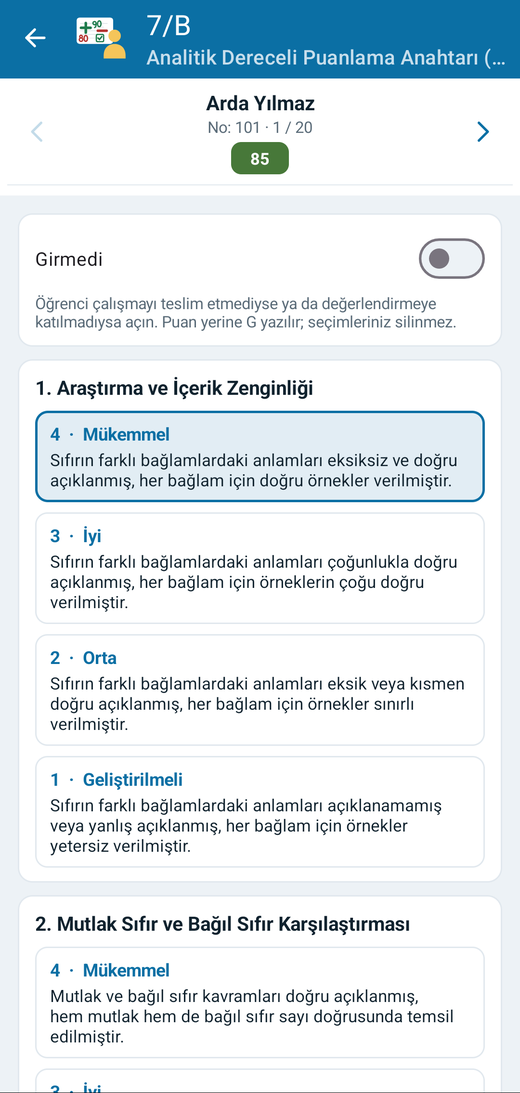 Rubrik değerlendirme ekranı
