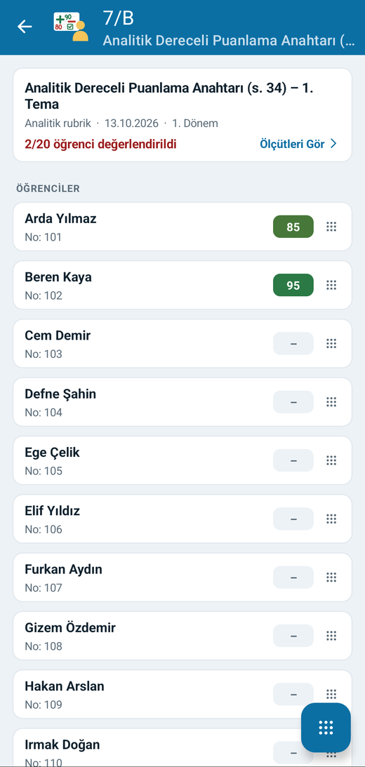 Rubrik öğrenci listesi